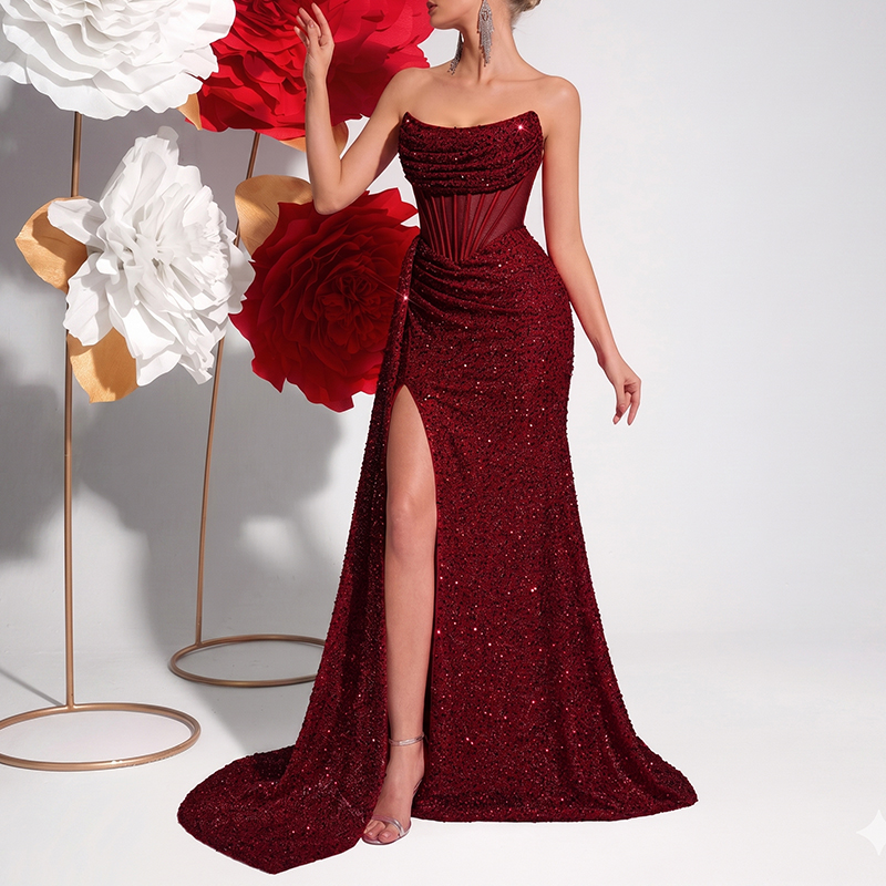 Sexy Royal Blue Formal Gown Shoulder Corset Sequin Spring Summer Evening Dress High Slit Floor Length Elegant Wedding Party