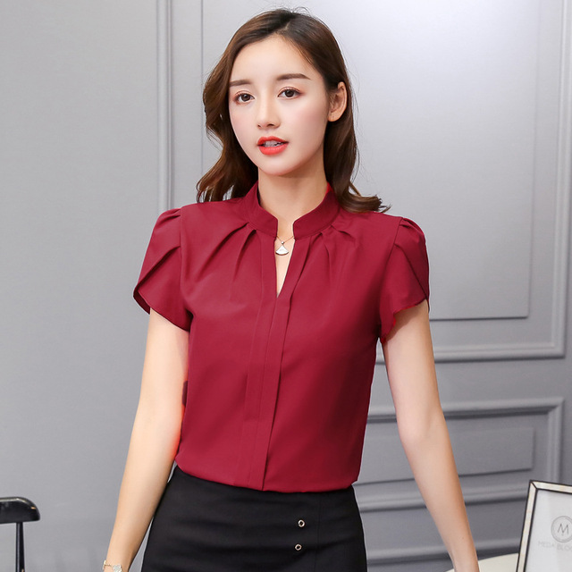 Summer Korean Fashion Womens Tops and Blouses Chiffon Women Blouses Short Sleeve White Office Lady Shirts Ladies Tops