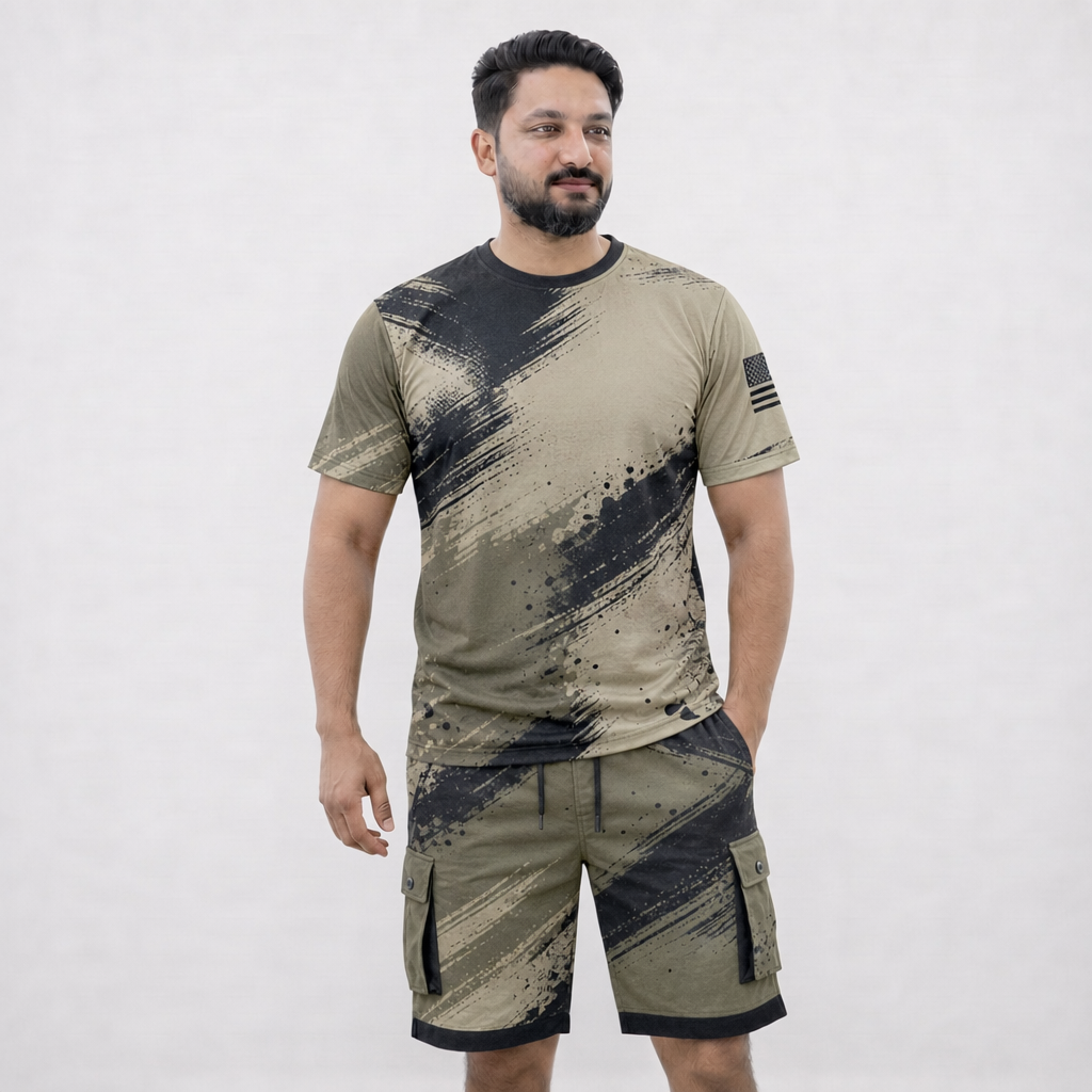 Men's Geometric Print Sporty Shirt Set Round Neck Quick Dry Knitted Summer Outfit Blue Hexagon Pattern