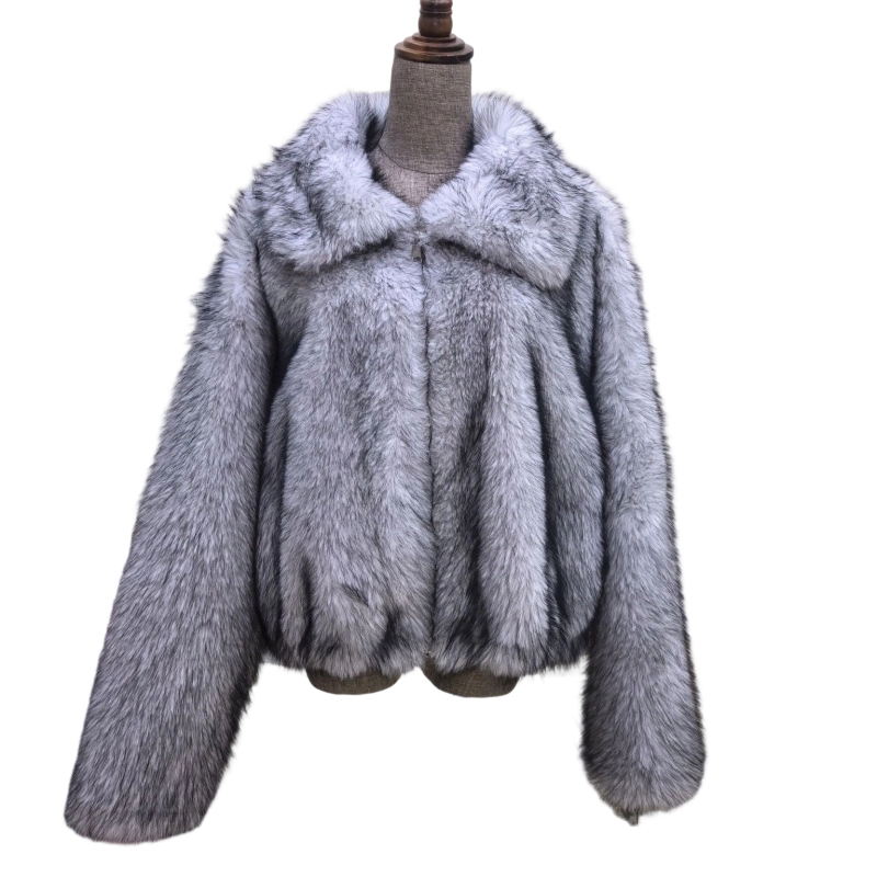 Chic Blue and Silver Fox-Simulated Women's Outerwear Jacket