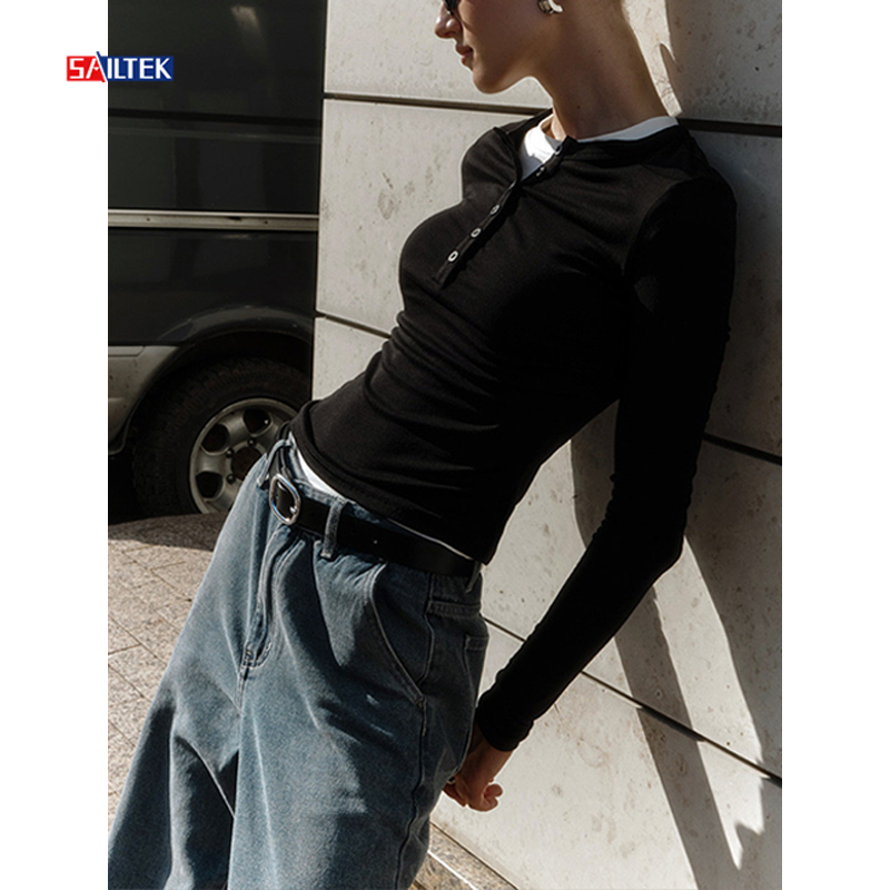 High Quality Ladies Dark Gray Blouses With Button Custom Logo Long Sleeves V Neck Blouse Elegant for Women
