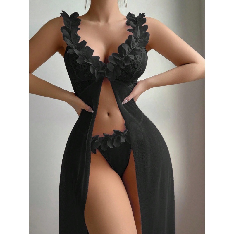 2025 New Arrival Sexy Women's Nightgown Set - Lace Trimmed Split Design Long Sleepwear, Erotic Loungewear Two-Piece Set