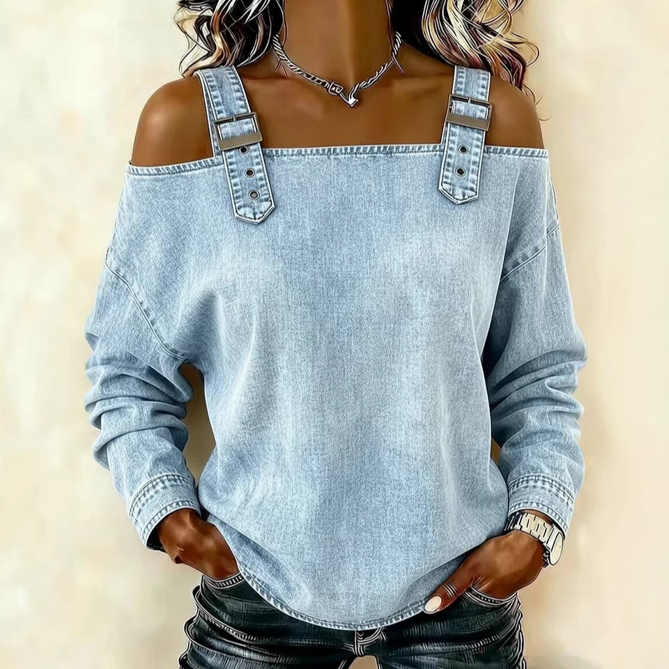 Fashion Women's Blouses Spring Summer Fall New Style Casual One-line Tie Shoulder Strap Long-sleeve Jeans Top