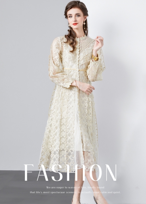 2023 Women's Spring New Embroidered Perspective Mesh Waist Closing Heavy Industry Dress