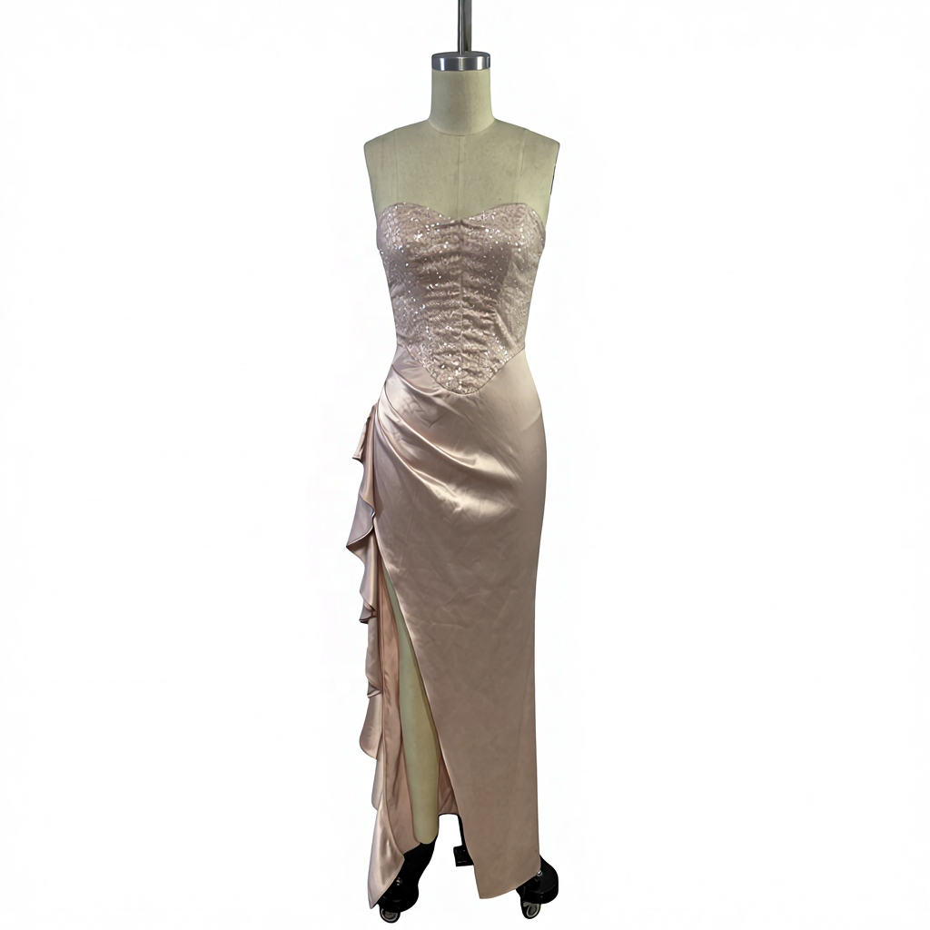 Lady's Elegant Luxury Evening Dress Sexy Sequin Strapless Formal Party Vestido with Elegant Slit