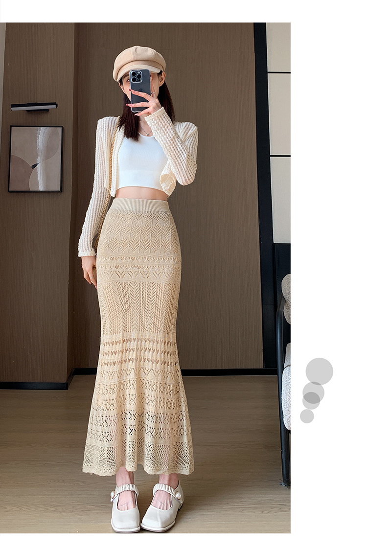 Women's Spring Summer A-Line Casual Breathable Natural Waist Midi Skirt Solid Lace Knitted Design Apricot Color Dushan
