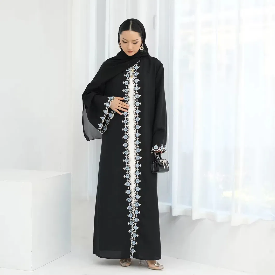 Fashion Flower Embroidery Arab Black Abaya Detail