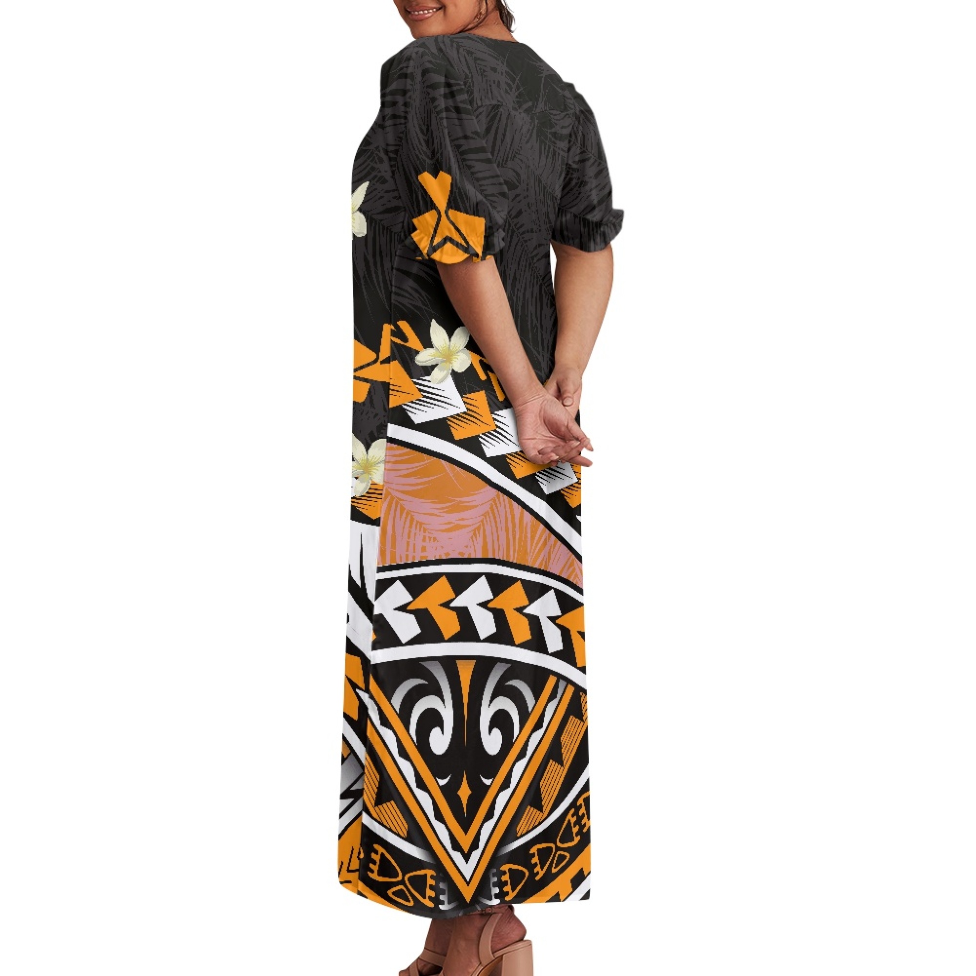 Large Size Customized Polynesian Clothing Women Elegant Puff Sleeve Maxi Dress Hibiscus Flower Print Women's Mumu Dress Hawaiian