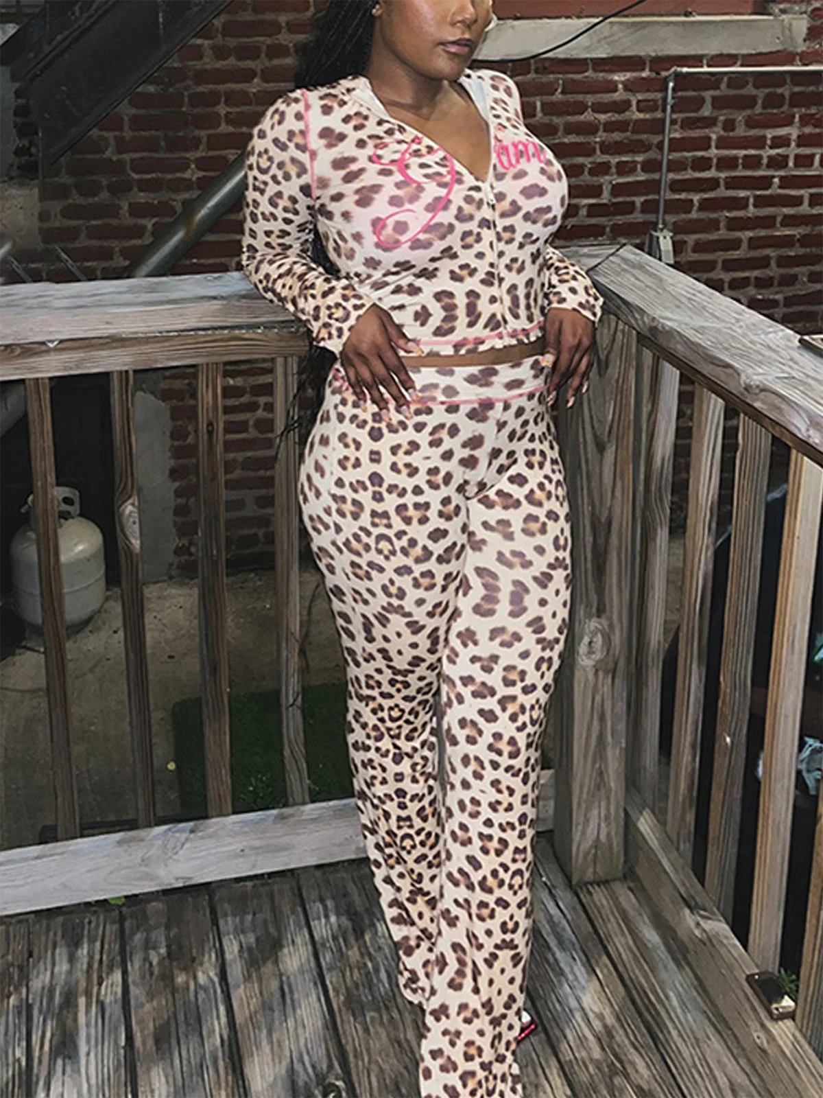 Y2K Clothing Custom Women's Plus Size Fall/Winter Tracksuit Embroidered Leopard Jersey Top with Pants Two Piece Set