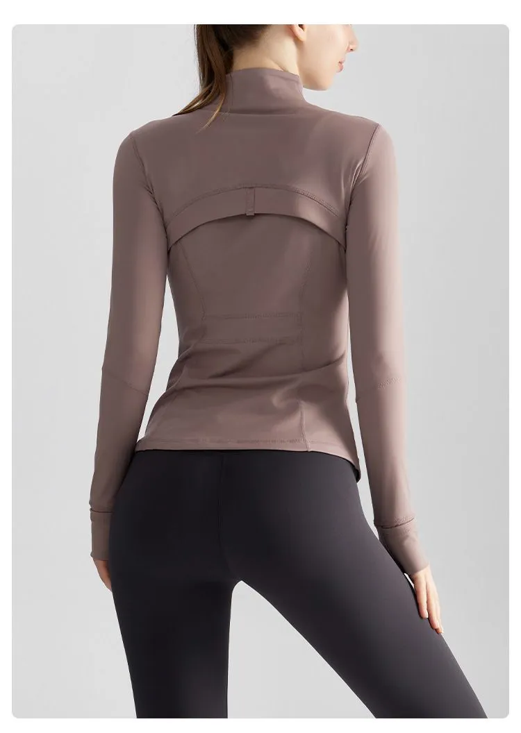 Women's Fashion Fitness Running Jacket - Stand-up Collar, Windproof, Zip-up, Slimming Fit with Pockets, Yoga Outerwear