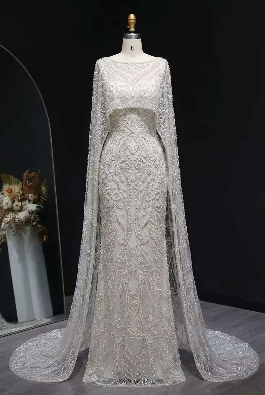 Premium Quality Eco-Friendly Mermaid Formal Dress Shell Inspired Beadwork Cap Sleeve Floor-Length Backless Built-in Bra Evening