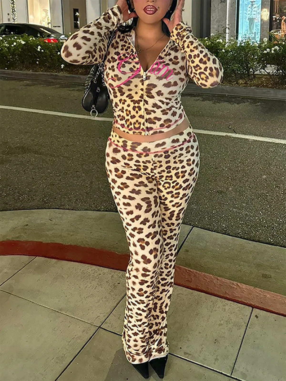 Y2K Clothing Custom Women's Plus Size Fall/Winter Tracksuit Embroidered Leopard Jersey Top with Pants Two Piece Set