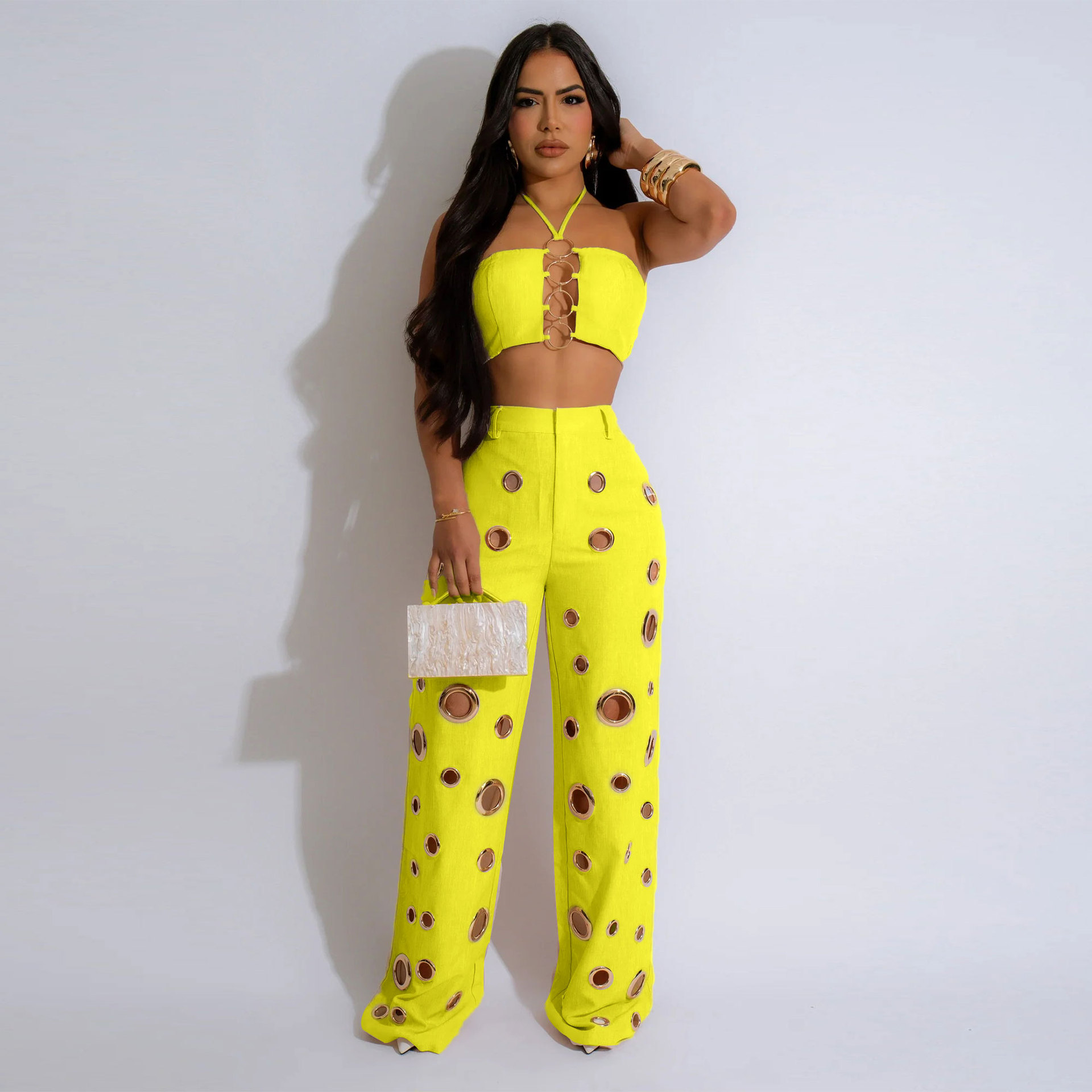 C Fashion Sexy Street Wear Halter Sleeveless Hollow Top Unique Ring Pant Piece Set Woman Clothing