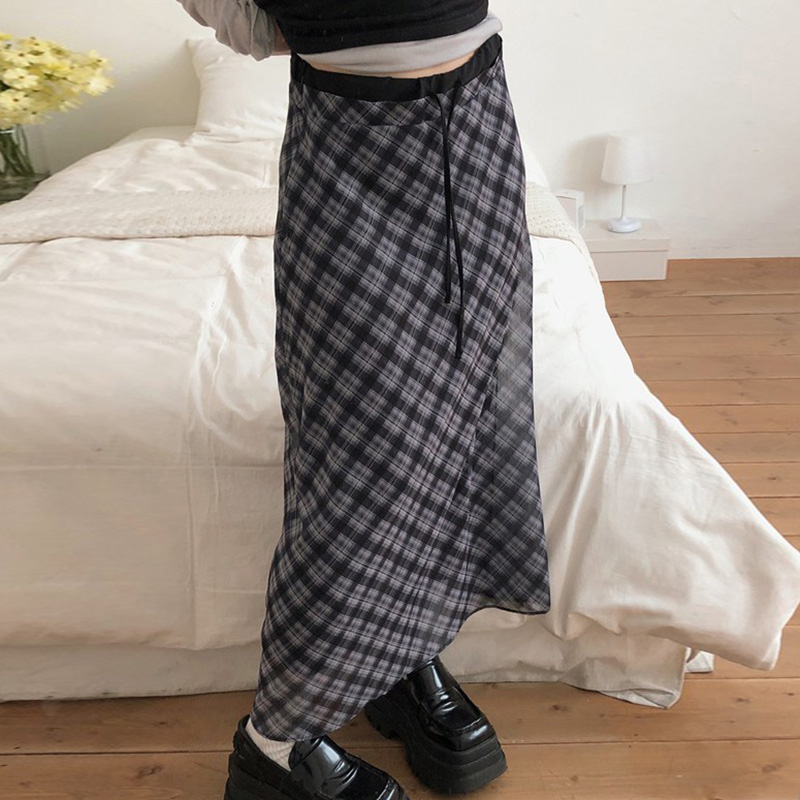 Casual Style Women's Plaid Knee-Length Chiffon Ruched Skirt Lightweight Breathable Knit Loose Fit Natural Waist Summer