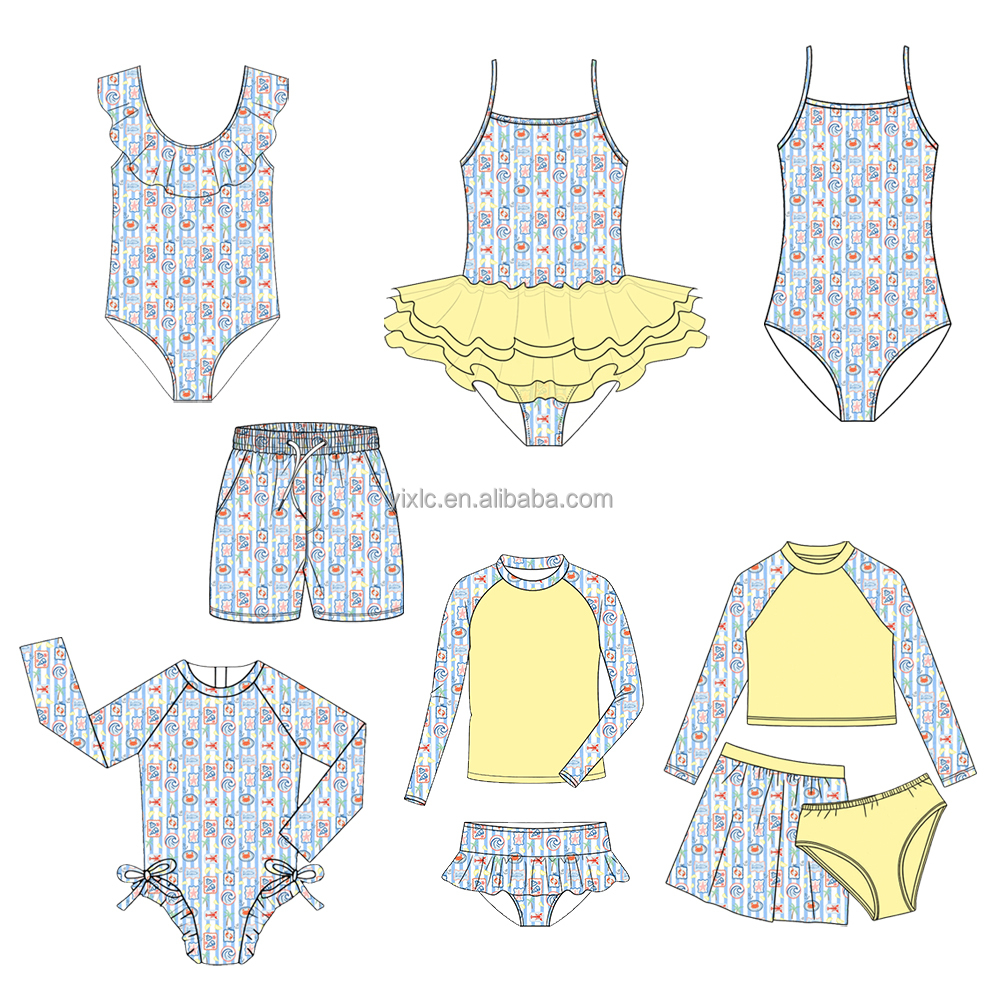 Pool &amp; Beach Ready Girls' Swimwear Set Ruffled Top, Built-in Shorts, Skort &amp; Long Sleeve Cover-Up, Quick Dry Fabric