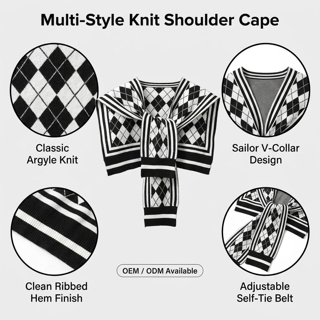 OEM Custom Women's Knitted Stripe Argyle Paisley Sailor Collar Shoulder Shawl Cape