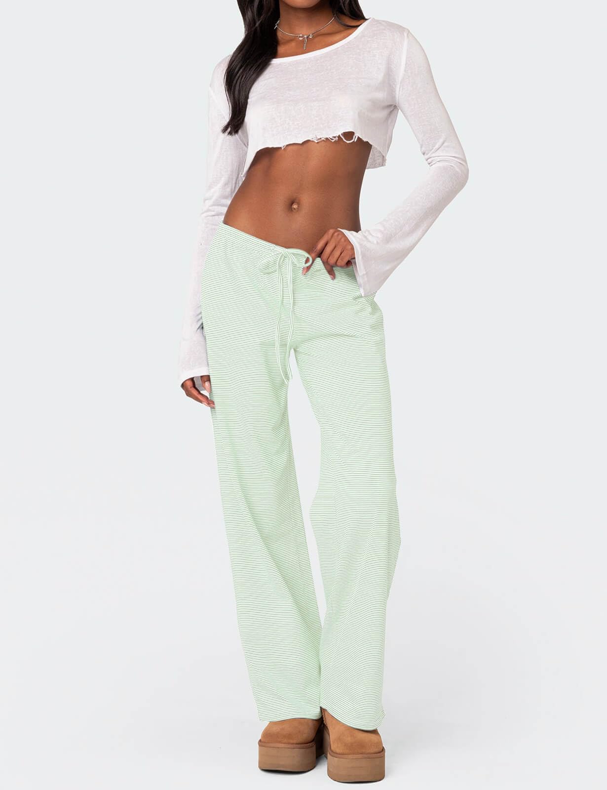 Custom Cheap Price Summer Flat Front Loose Fit Striped Pajama Pants for Women Low Rise Lounge Wear Cotton/Polyester Quick Dry