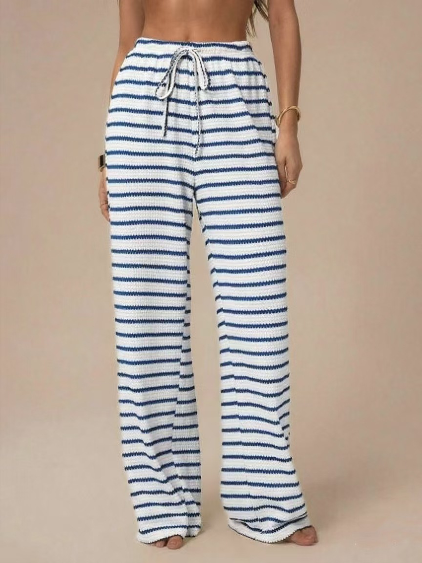 Wholesale Women's Slim Straight Leg Casual Trousers Fashion Color Contrast Horizontal Stripes Cross-Border Pants