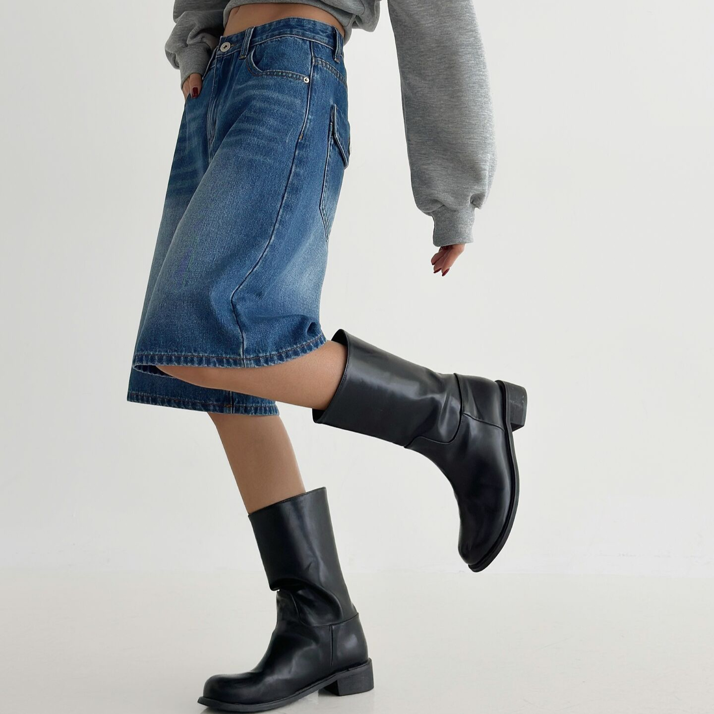 Korean Style Summer Pants Breathable Loose Jeans Front Logo Washed Black Petite Mid-Length Pants