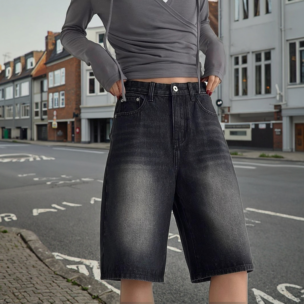 Korean Style Summer Pants Breathable Loose Jeans Front Logo Washed Black Petite Mid-Length Pants