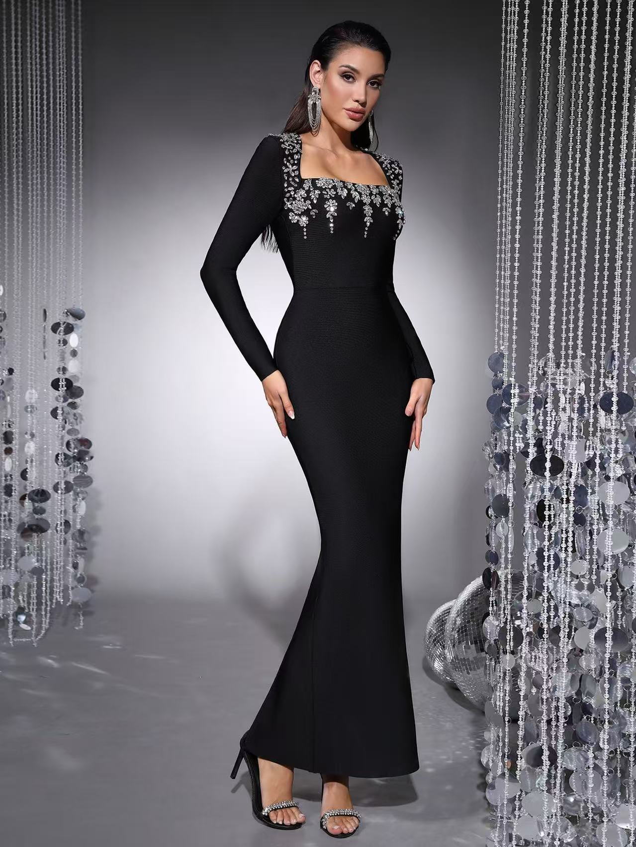 OEM Factory Customized Bandage Black High Quality Chic Glamorous Formal Dresses Women Long Bodycon Evening Dress