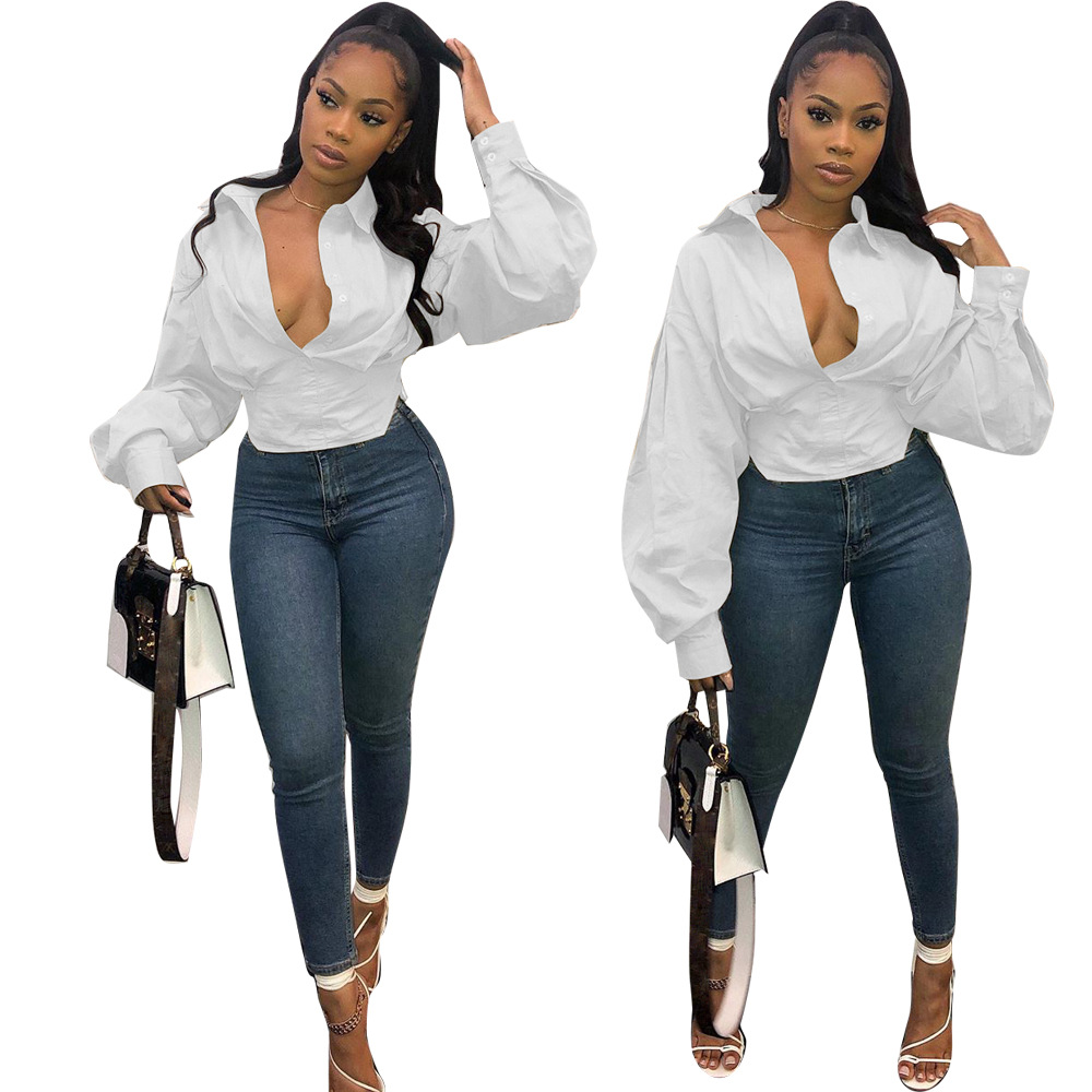 New New Arrival Women Sexy Solid Colors Deep V-neck Long Sleeve Shirts Tops Plus Size Women's Blouses Shirts