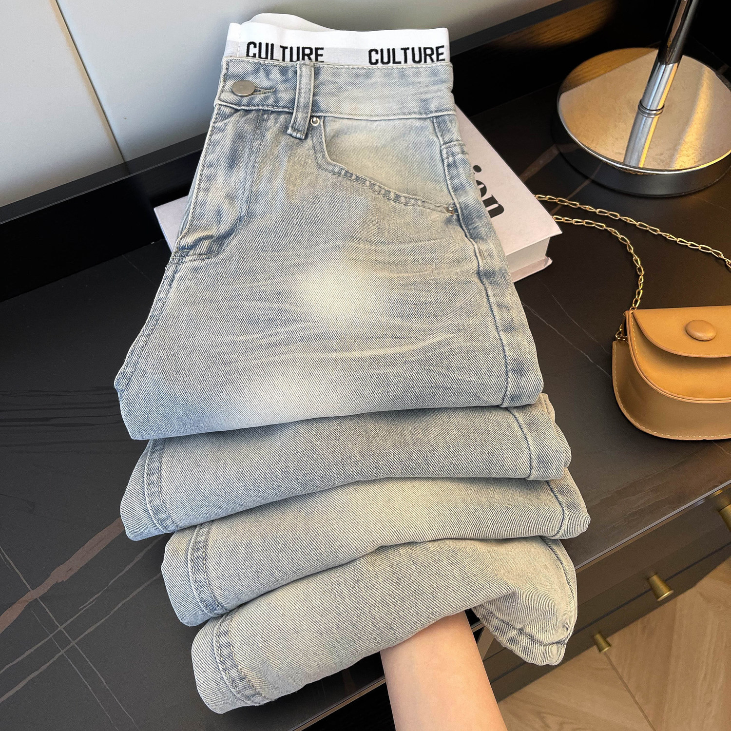 American Vintage Patchwork Ripped Light Blue High Waist Slim Fit Loose Wide Leg Pants for Women