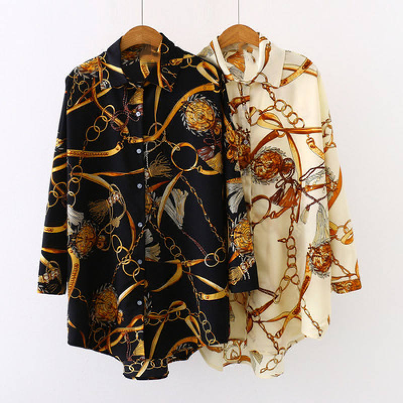 Women Chain Print Blouses Elegant Long Office Shirts Design Chiffon Sunscreen Long-Sleeved Shirt Women'S Fall Luxury Clothes Top