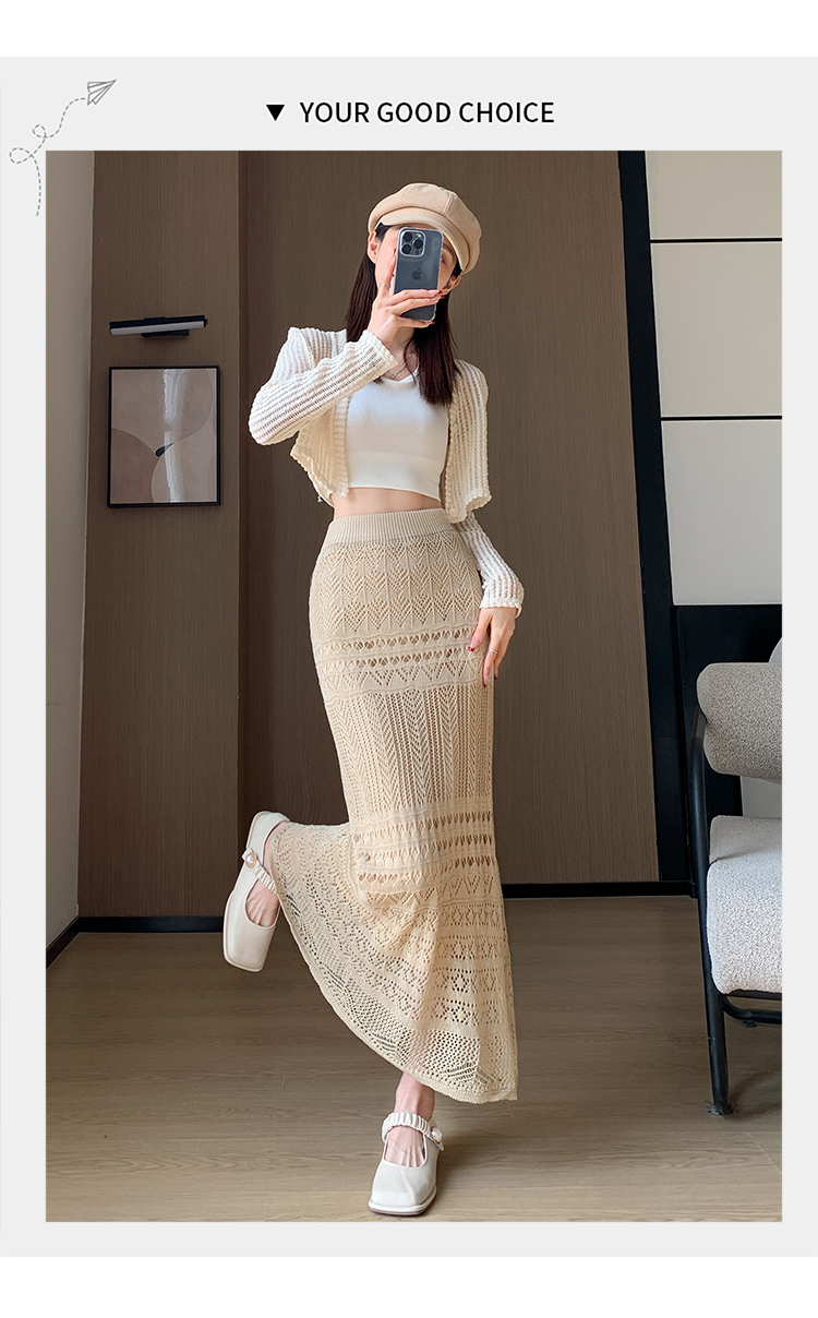 Women's Spring Summer A-Line Casual Breathable Natural Waist Midi Skirt Solid Lace Knitted Design Apricot Color Dushan