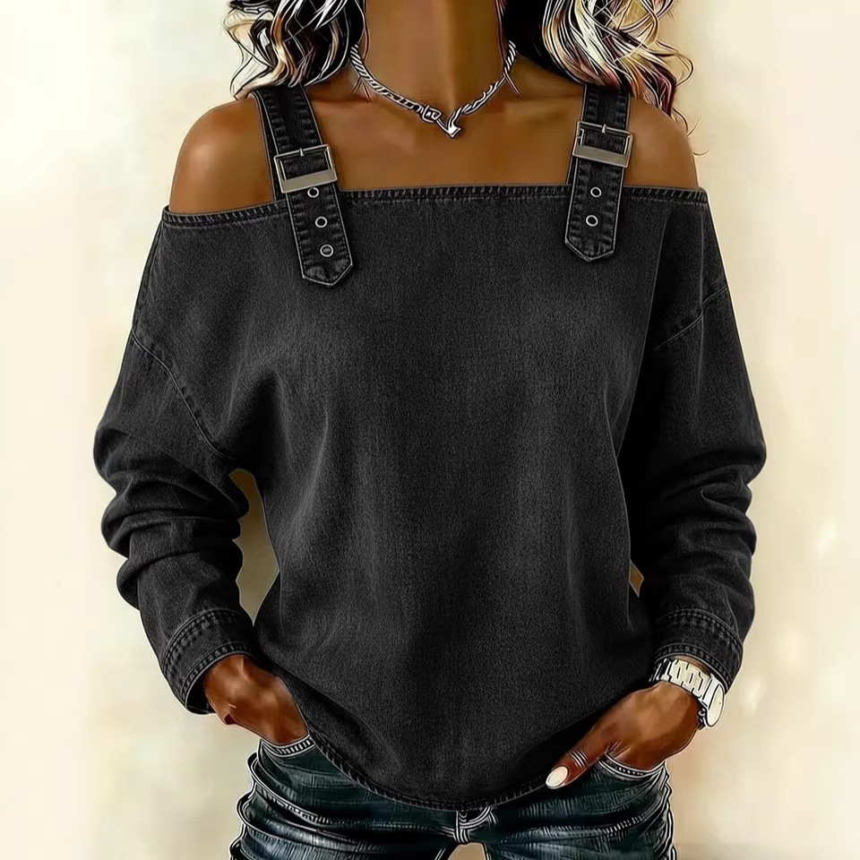 Fashion Women's Blouses Spring Summer Fall New Style Casual One-line Tie Shoulder Strap Long-sleeve Jeans Top