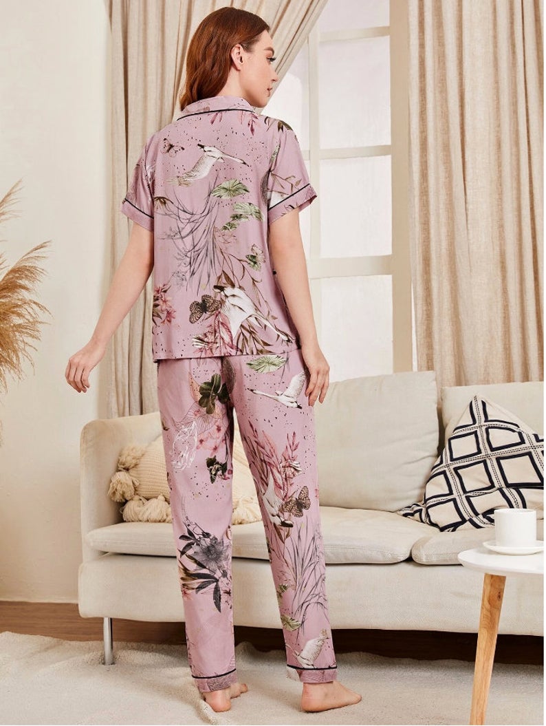 New Design Sleep Set Pajamas with Round Neck Womens Sleepwear Night Sleeping Clothes