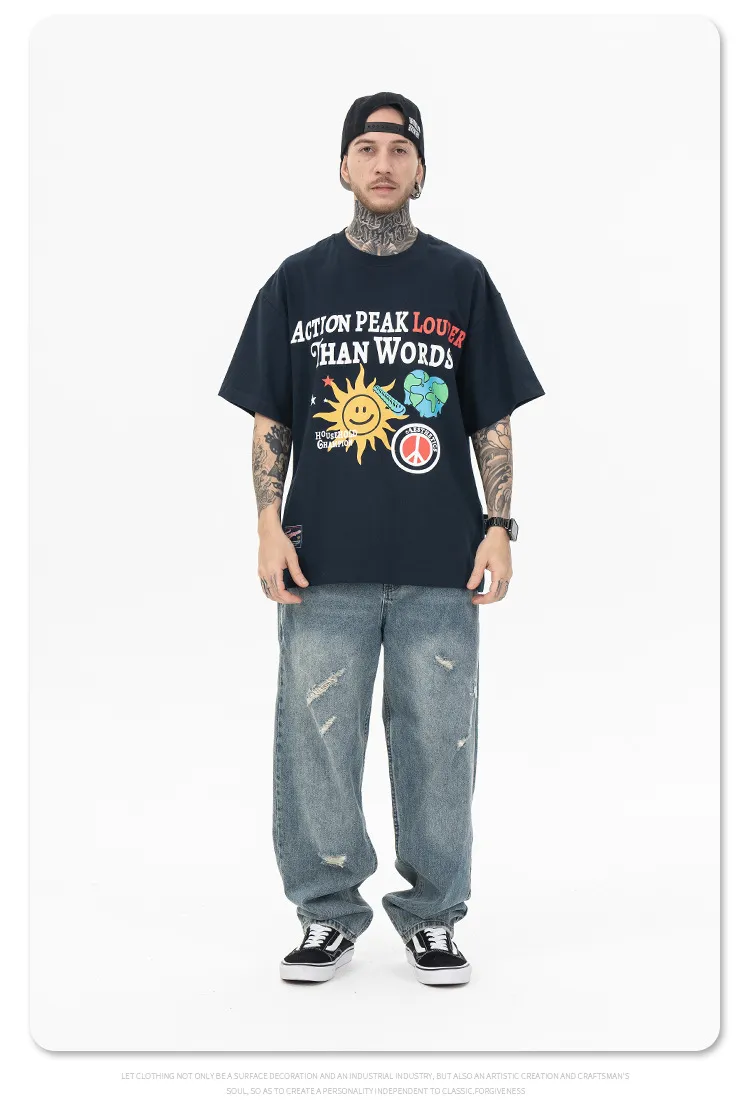 New Style High Quality 95%Ctton 5%Spandex Wholesale Custom Printed Design Oversized Fashion Hip Hop Short Sleeve Clothes