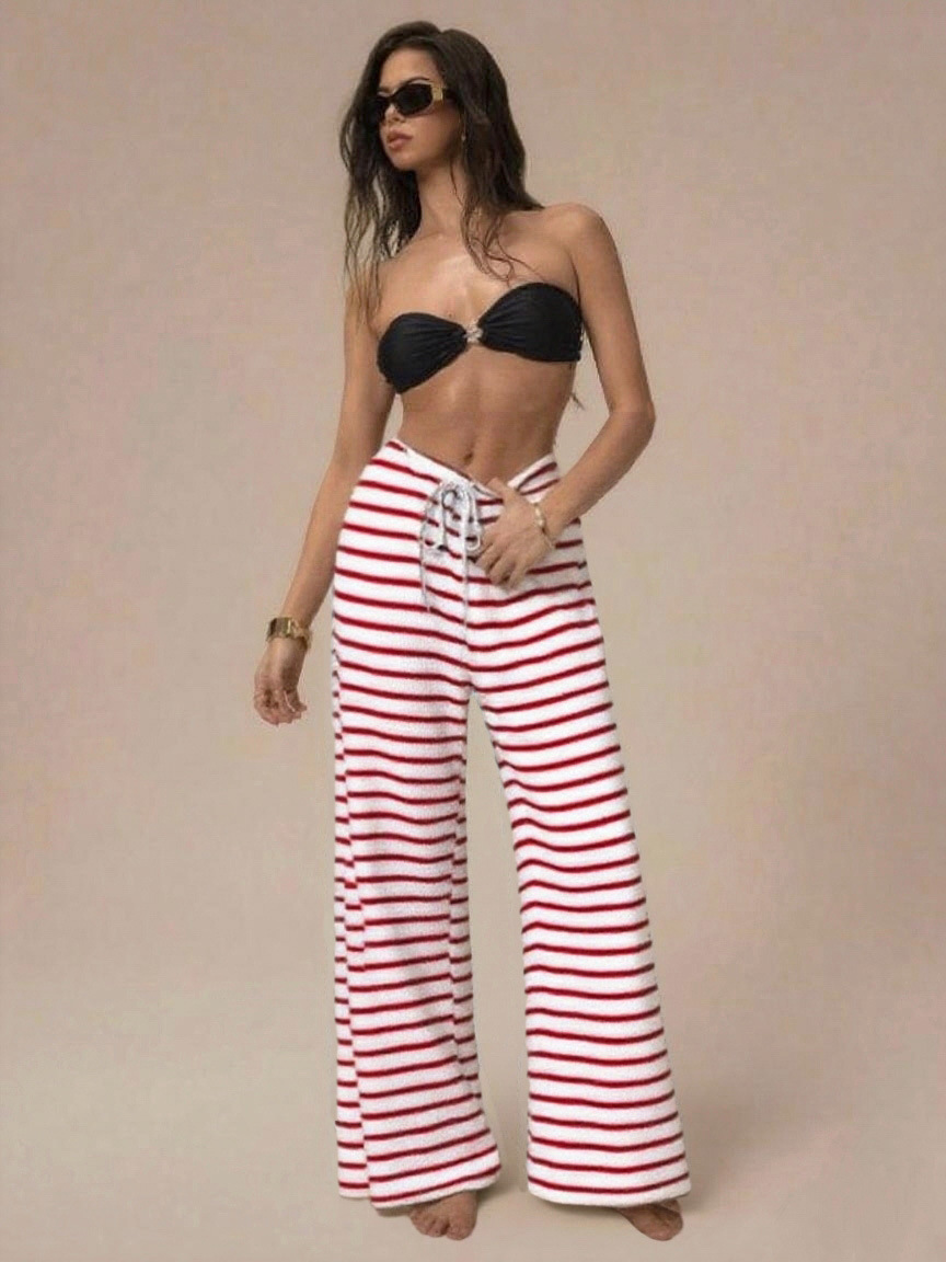 Wholesale Women's Slim Straight Leg Casual Trousers Fashion Color Contrast Horizontal Stripes Cross-Border Pants