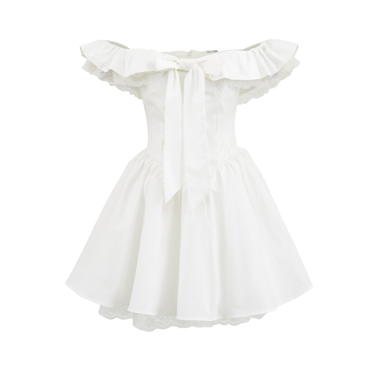 A Cute and Sweet Petite Dress with a One-shoulder Collar, a Cinched Waist, a Short Skirt with Lotus Lace Edges and a Puffy Skirt