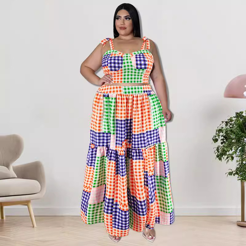 218116 European and American plus-size women's clothing, new summer plaid camisole top with large hem skirt, new product
