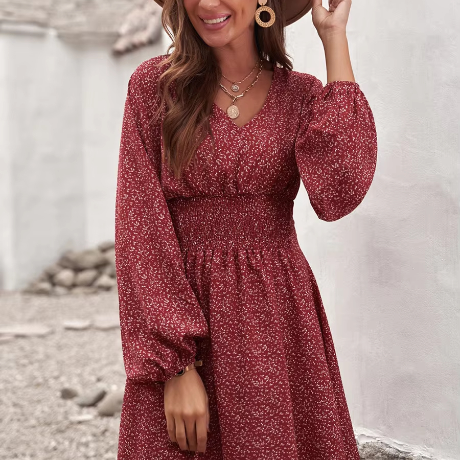 Hot Sale Women's Long Sleeve Pleated Waist Dress with V-Neck Pullover Slim Fit Skirt Digital Printing