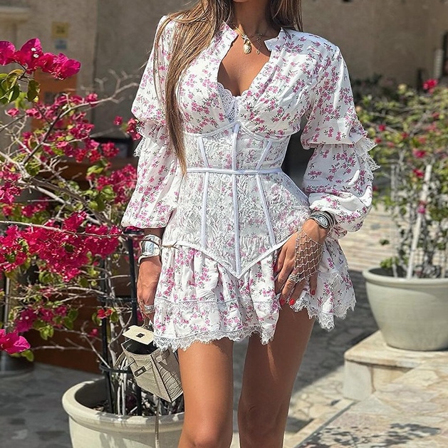 New Sweet Little Fresh Printed Waisted Sleeve Women's Short Lace Dresses Fashion