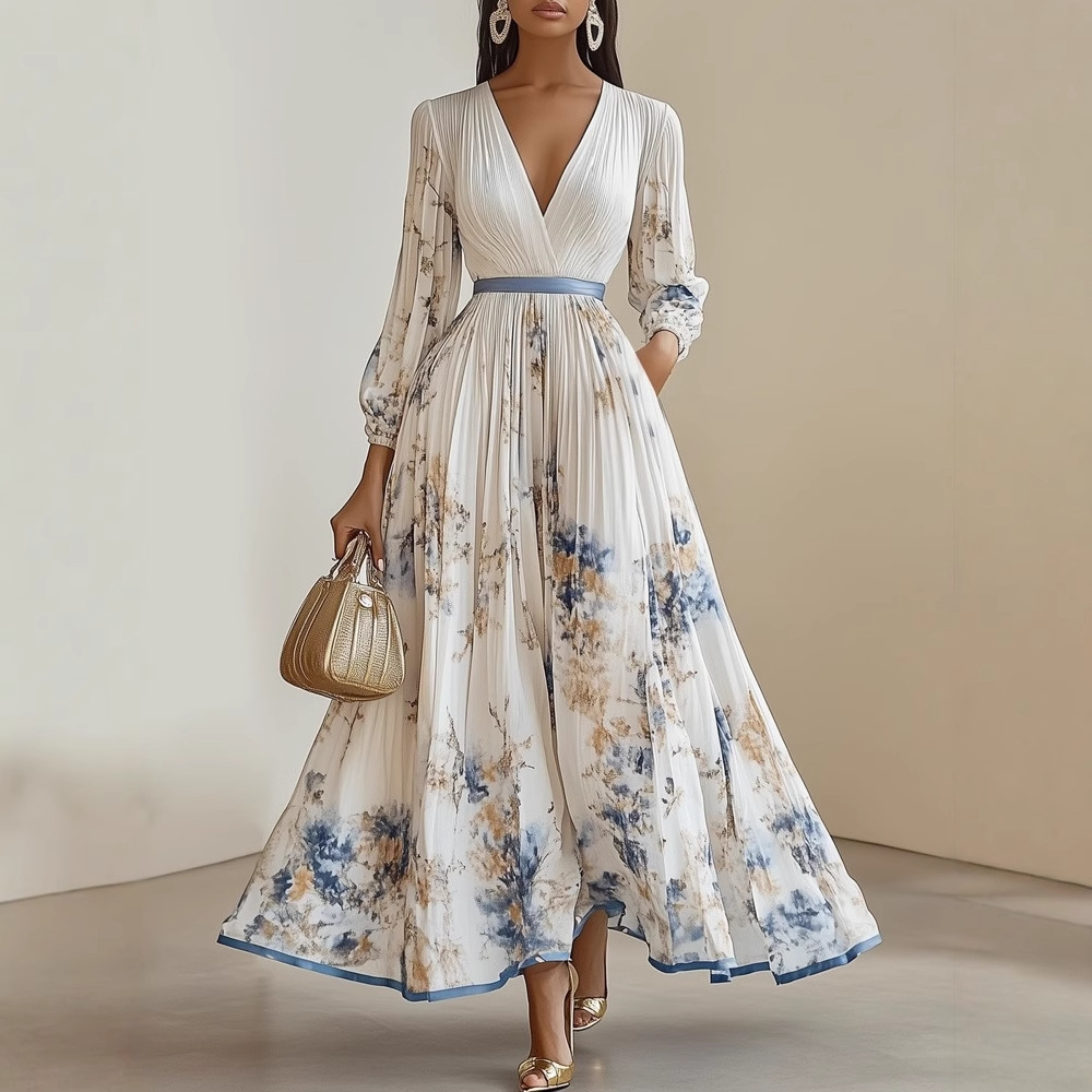 Premium Spring New Ethnic Print Dress Women's Lace-up Floral Pattern Tight Waist Puff Sleeve Large Swing V-neck Casual Dress