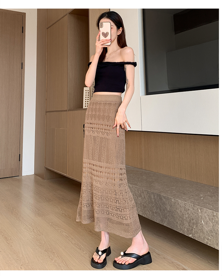 Women's Spring Summer A-Line Casual Breathable Natural Waist Midi Skirt Solid Lace Knitted Design Apricot Color Dushan