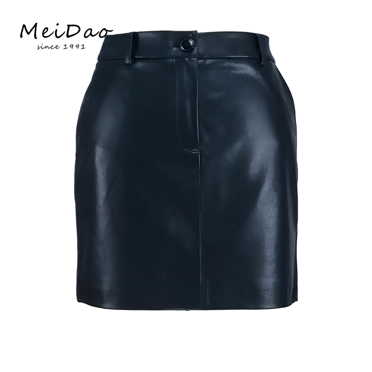 MEIDAO-040434 Women Petite Black Faux Leather Midi Skirt