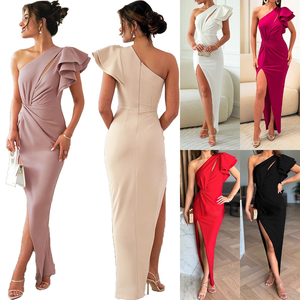 Wholesale Women's Clothing Elegant One-shoulder Bridesmaid Dresses Hollow-out Ruffle Party Gown