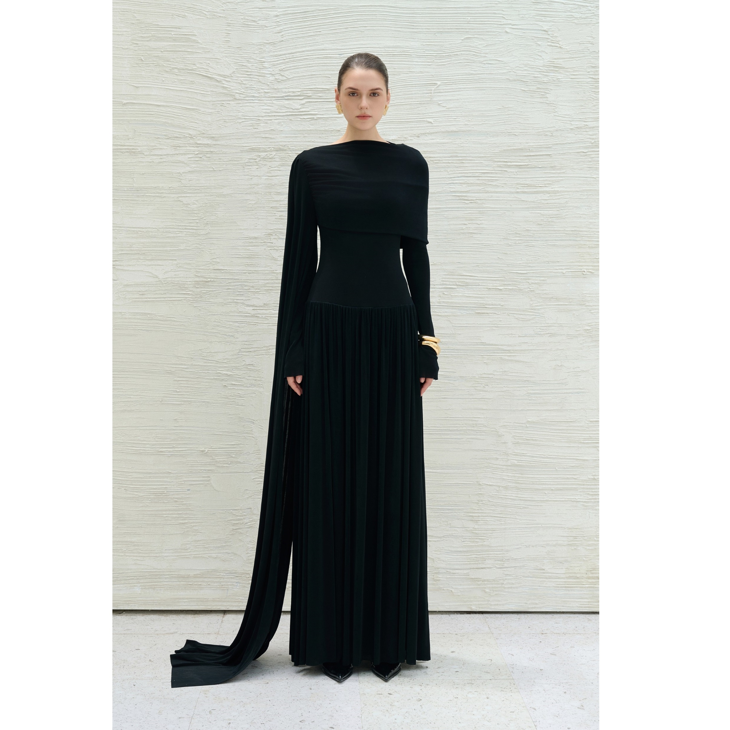 Wholesale Evening Dresses Elegant DANNY DRAPED LONG DRESS Long Sleeve 95% Acetate 5% Spandex Long Sleeve Womens Dresses