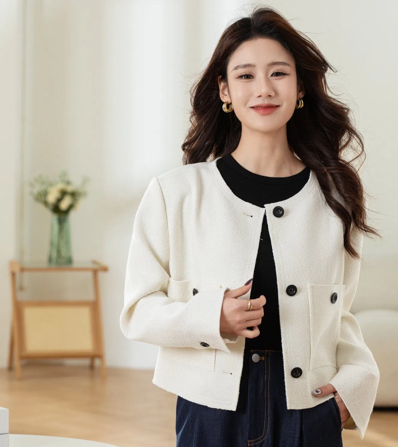 Two Color Black and White Women's Tweed Jacket Outerwear