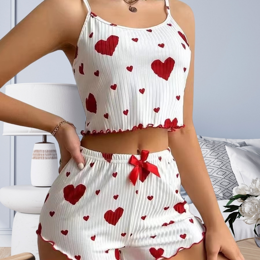 Hot-Selling Cross-Border Women's Casual Short-Pocket Pajamas V-Neck Love Printed Quick Dry &amp; Sexy for European &amp; American Women