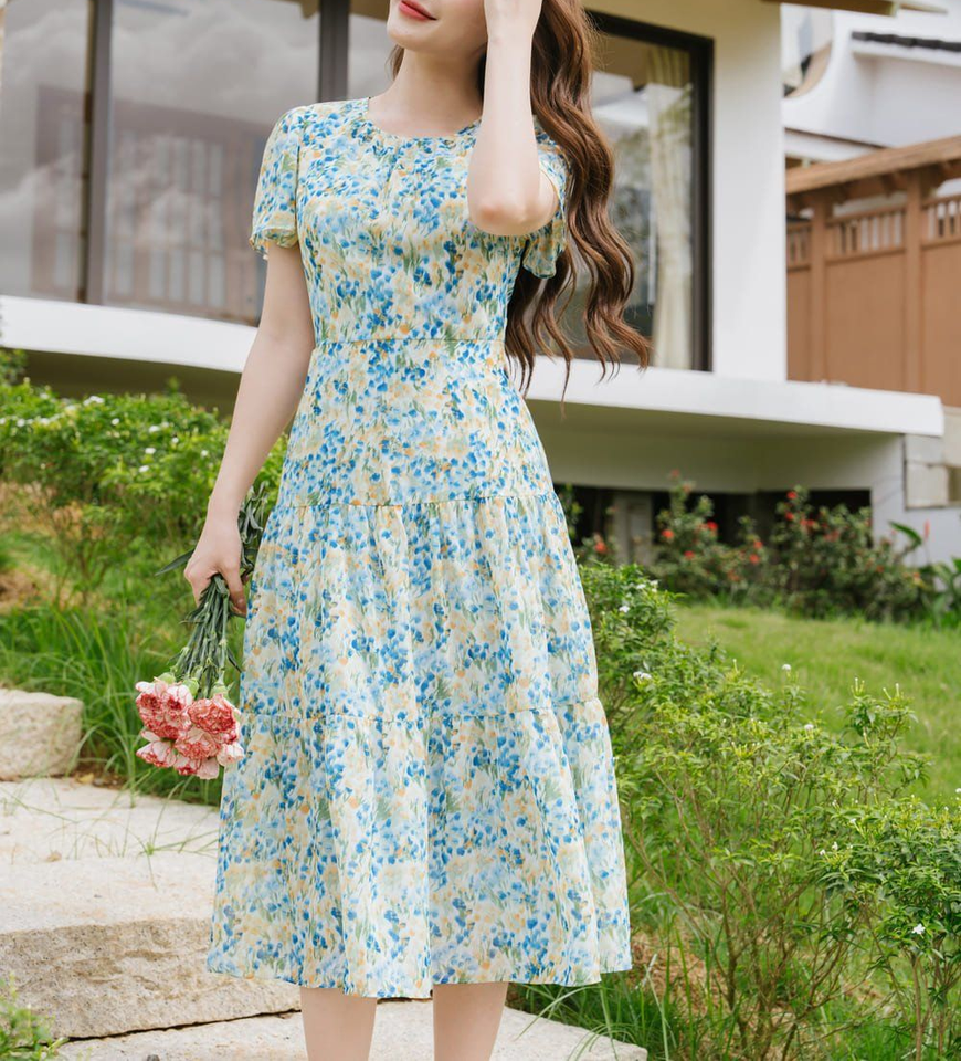 Cross-border Women's Summer Resort Dress Europe America-Regular Deep V Ruffled Floral Crocheted Knee-Length High Waist