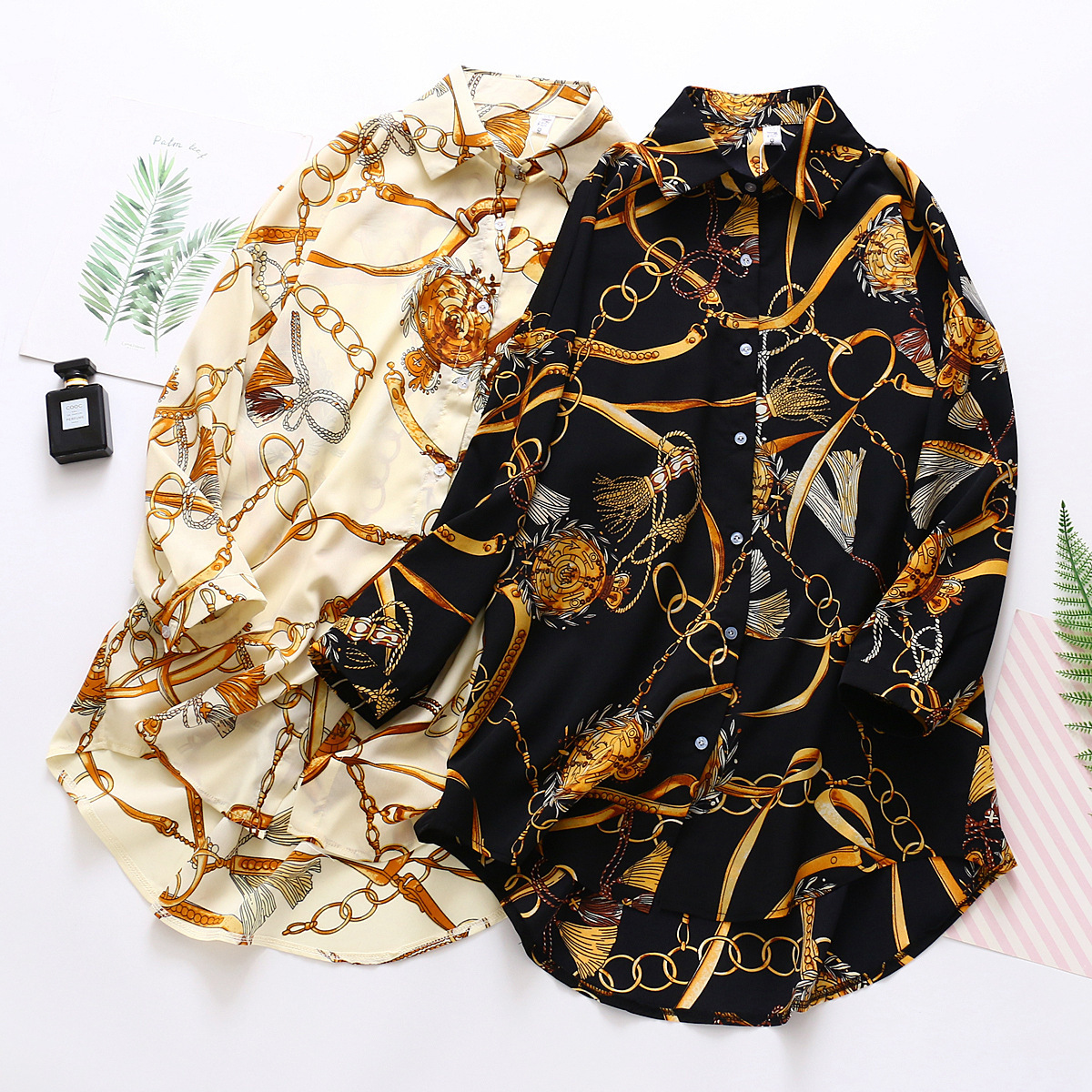 Women Chain Print Blouses Elegant Long Office Shirts Design Chiffon Sunscreen Long-Sleeved Shirt Women'S Fall Luxury Clothes Top