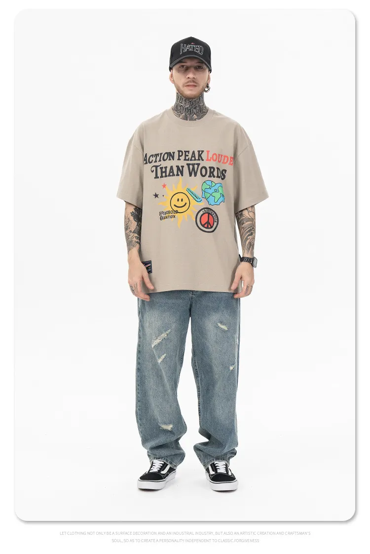 New Style High Quality 95%Ctton 5%Spandex Wholesale Custom Printed Design Oversized Fashion Hip Hop Short Sleeve Clothes