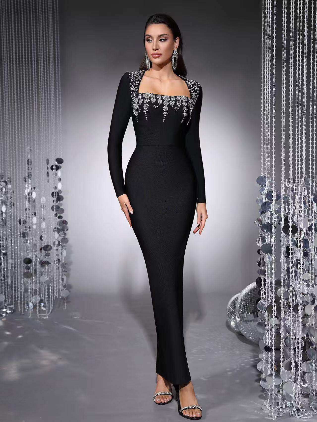 OEM Factory Customized Bandage Black High Quality Chic Glamorous Formal Dresses Women Long Bodycon Evening Dress
