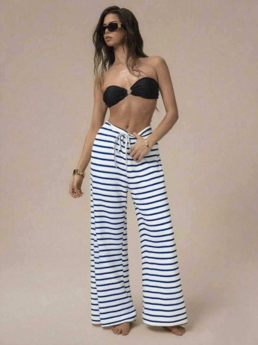 Wholesale Women's Slim Straight Leg Casual Trousers Fashion Color Contrast Horizontal Stripes Cross-Border Pants