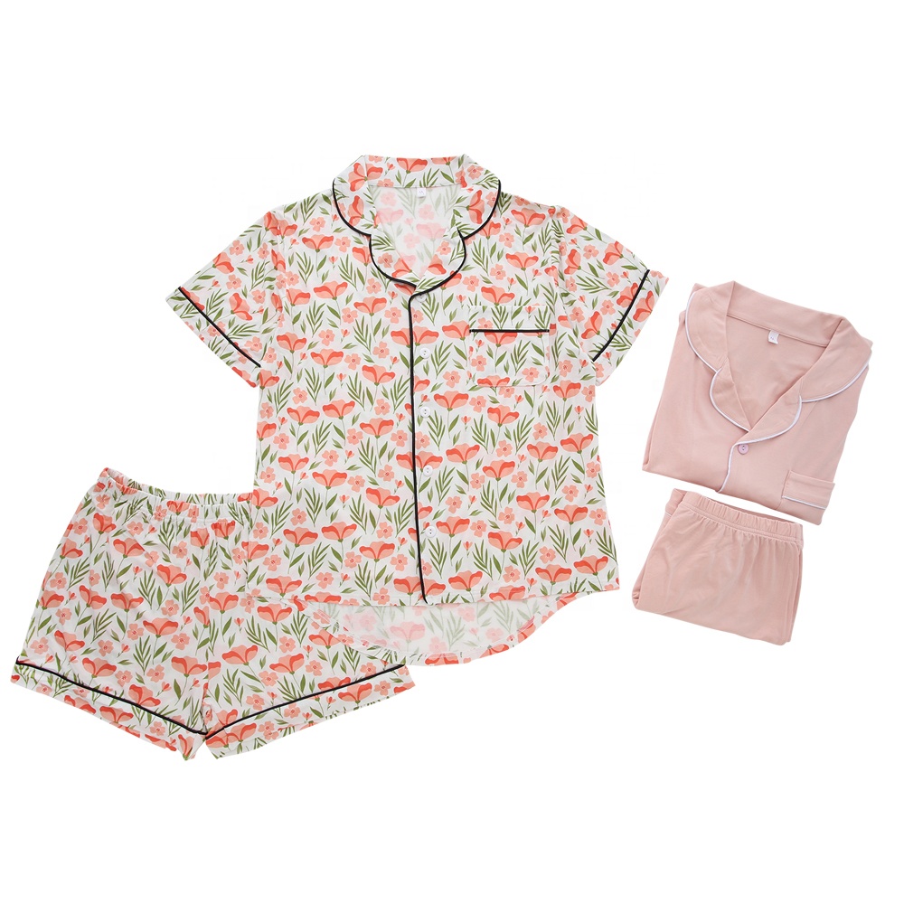 Summer Short Sleeve Custom Pajamas for Women Floral Print Turn Down Collar Women Pajamas Set Bamboo Fabric Women Sleep Wear Set
